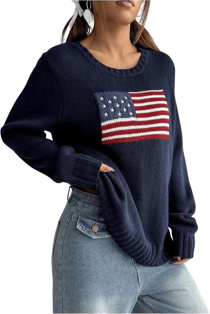 SweatyRocks Women's Flag Pattern Long Sleeve Round Neck Sweater Casual Loose Pullover Sweater (Dark Blue) XS