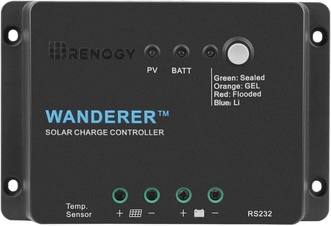 Renogy 12V 30A PWM Solar Charge Controller  Wanderer Li with Temp Sensor, 4-Stage Charging for Lithium/Gel/Flooded Batteries, Overload/Short Circuit/Reverse Polarity Protection