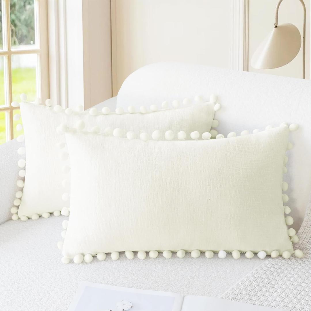 CaliTime Throw Pillow Covers Decorative 20 X 12 Inches Pack of 2 Cozy Solid Dyed Soft Chenille Cushion Cases with Pom Poms for Couch Sofa Bed Living Room Home Cream