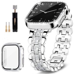 Bling Strap Compatible with Apple Watch Band 46mm for Women, Diamond Jewelry Replacement with Crystal Protector Case for Apple Watch Bands Series 10, Silver Metal Shiny Bracelet for iWatch Girl
