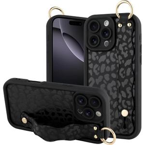 OOK Compatible with iPhone 16 Pro Max Case with Wrist Stand for Women Girls, Black Leopard Cheetah TPU Shockproof Protection Silm Silicone Kickstand Upgraded Cover, for 6.9inch