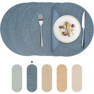Round Wipeable Placemats Set of 6  Faux Leather Round Table Mats, Waterproof & Washable Vinyl Placemats, Circle Design for Dining Table Decor Charcoal Blue
