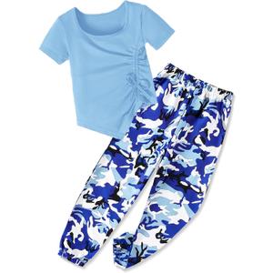 Girls Irregular Ruched Drawstring Short Sleeve Top & Camo Pants 2Pcs Summer Set Size 6-14 Pink (7-8 Years, Blue)