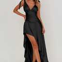 LAGSHIAN Women's Summer V Neck Sleeveless Bodycon Ruched Irregular Hem Cocktail Party Satin Flowy Maxi Dress (Blue, L)