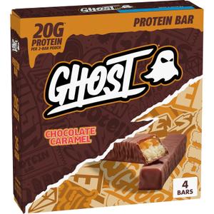 GHOST PROTEIN BAR, CHOCOLATE CARAMEL Flavor, 20G Protein, 2G Sugar, 4 Dual-Bar Packs, 9.2 oz (EXP 10/29/26)