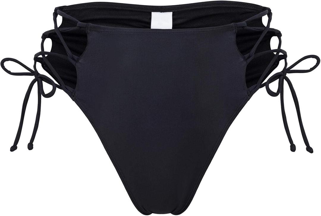 Bestselling Curvy High Waist Strappy Tie Side Ruched Retro Cut Leg Lace Up Cheeky Swim Briefs Bikini Bottom, Large