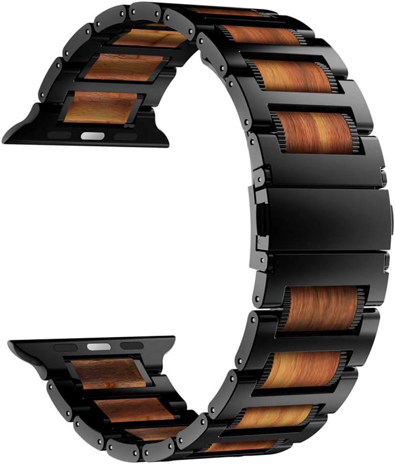  iiteeology Compatible with Apple Watch Band, Natural Wooden Steel Link Bracelet for iWatch Ultra 3/ Ultra 2/ Series 1-11 49mm 46mm 45mm 44mm 42mm - Black