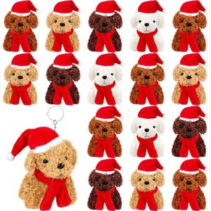 Fovths 16 Pieces 4.3 Inches Christmas Mini Plush Dogs Stuffed Animals with Santa Hat Scarf Keychain Cute Stuffed Puppy Toy Soft Stuffed Doll Goodie Bag Fillers for Christmas Party Favor, 4 Colors