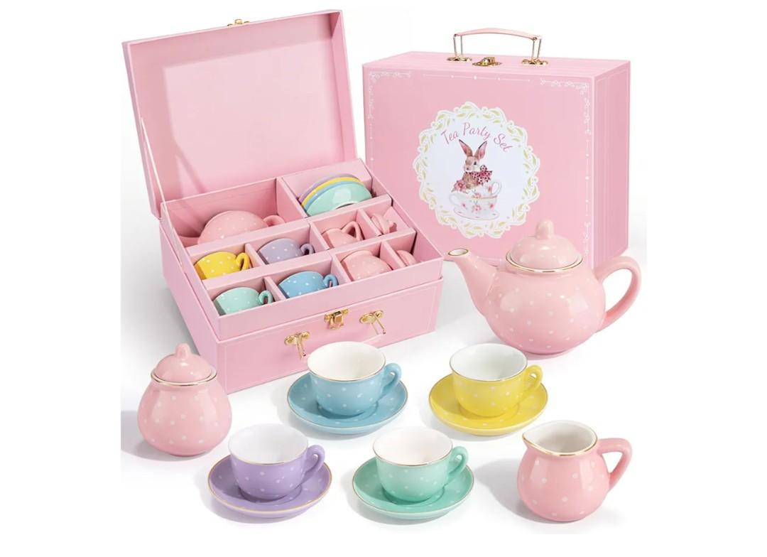 Porcelain Tea Set for Toddlers, Tea Party Set for Little Girls, Kids Tea Set Kitchen Pretend Play, Princess Tea Time Playset with Teapot Cups Carry Case, Toddler Girl Toys Birthday Gifts Age 3+