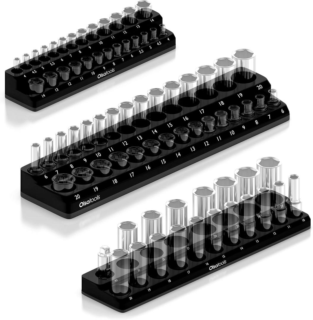 Olsa Tools Magnetic Socket Organizer - 3-Piece Drive Metric Socket Holder Set with Strong Magnets - Professional Tool Holder and Organizer - Stores up to 75 Sockets - Black - Part: 1151
