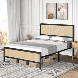 BouPower Full Size Bed Frame with Footboard, Metal Platform Bed with Rattan Headboard, Noise-Free Slats & Under-Bed Storage, Sturdy Steel Slat Support, No Box Spring Needed