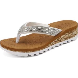 ONCAI Women's Wedge Flip Flops with Rhinestone，Recovery Dressy Walking Sandals for Women with Comfortable Arch Support Cushion Yoga Mat Summer Rubber Soles(US Size 5-11)