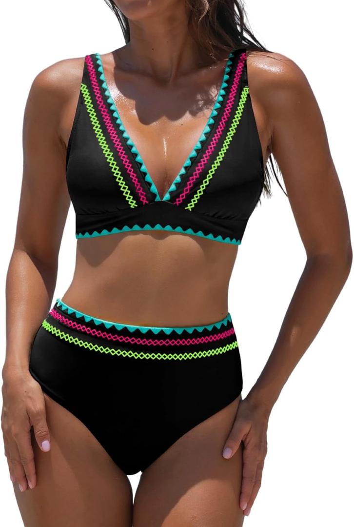 popvil High Waisted Bikini Set for Women Two Piece Tummy Control Swimsuit Color Block Bathing Suit Beach Vacation 2026 XL