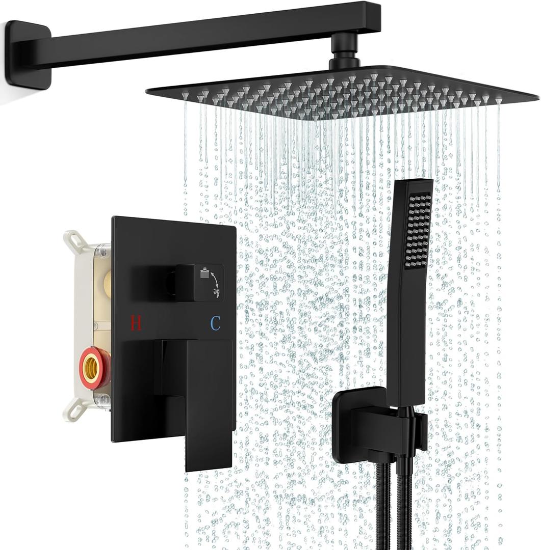 FPXRNG Black Shower Faucet Set, Rainfall Shower System with Square Shower Head and Handle Set, Wall Mounted Shower Fixtures, Full Metal Trim Repair Kit 8 inch Matte Black (With Shower Valve)