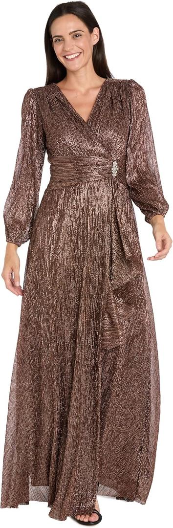 R&M Richards Women's Long Sleeve Pleated Wrap Maxi Dress - Evening & Party Gown W/Ruched Waist & Ruffle Size 6