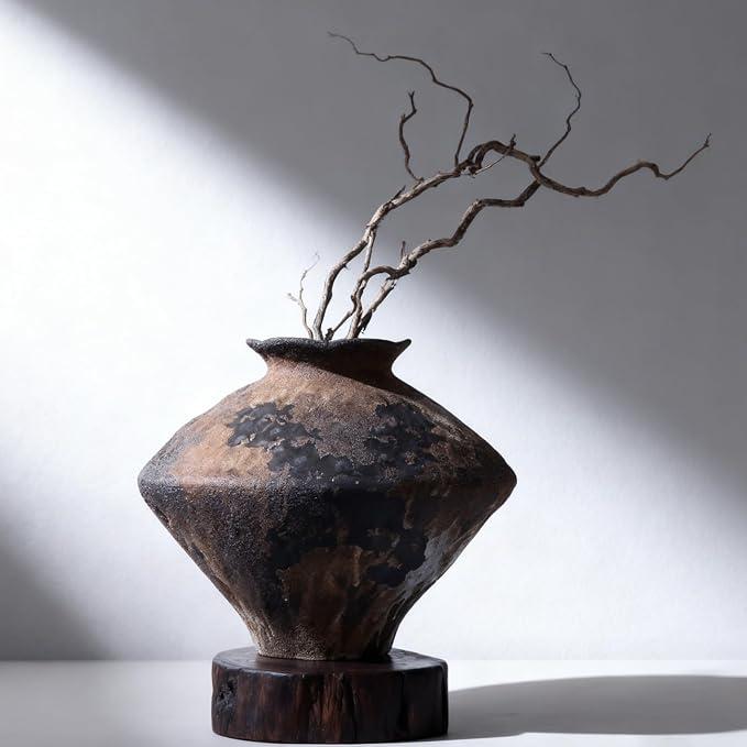 Large Wabi Sabi Vase, 11.5" Wabi Sabi Decor Rustic Vase, Brown Ceramic Vase for Centerpiece, Vintage Farmhouse Decor for Home Decorative, Table, Living Room, Bedroom, Bathroom, Kitchen