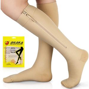Ailaka Zipper Compression Socks for Men Women - 20-30 mmHg Close Toe Knee High Medical Compression Socks with Zipper, Zip Up Socks for Varicose Veins, Edema, Recovery, Pregnant, Nurse (3X-Large (1 Pair), Beige)