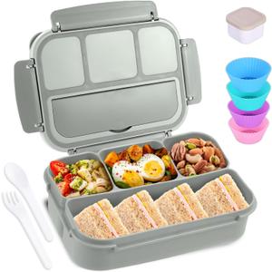 Bento Box Adult Lunch Box, Lunch Containers for Kids Girls Boys with 4 Compartments, Lunchable Food Container with Utensils, Sauce Jar, Muffin Liners, 40 Oz/5 Cup, Microwave & Dishwasher Safe, Gray (1200ML)