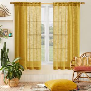 Yellow Sheer Curtains 63 Inch Length 2 Panels Boho Semi Privacy Light Filtering Drapes for Living Room,Faux Linen Window Curtins/Bedroom 63 Inches Long,Mustard Gold