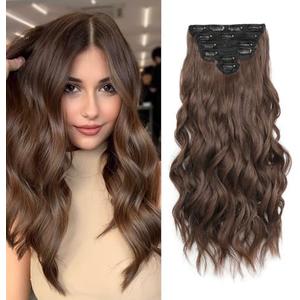 Clip in Hair Extensions, 6 PCS Light Brown Extensions, Wavy Hair Extensions, Natural & Soft Hair & Blends Well, Chocolate Brown Long Wavy Hairpieces(20inch, 6pcs, Chocolate Brown)