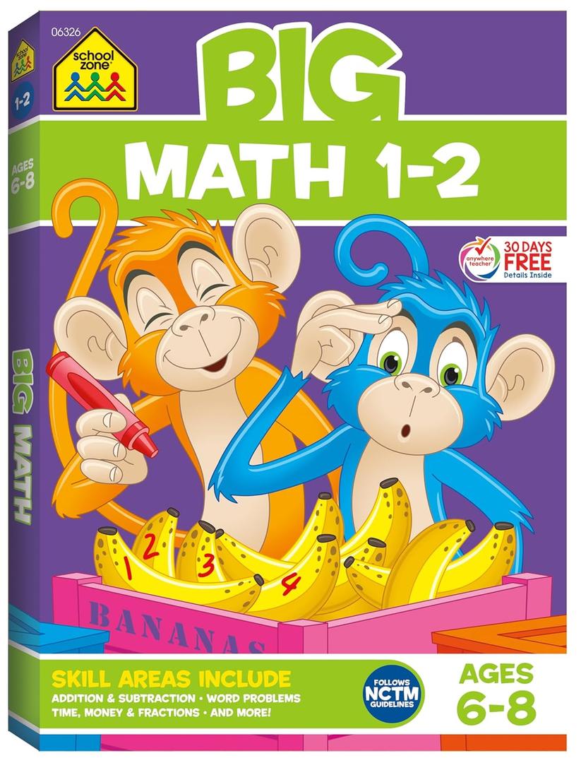 School Zone Big Math 1-2 Workbook: 320 Pages, 1st Grade, 2nd Grade, Elementary Math, Addition, Subtraction, Word Problems, Time, Money, Fractions, Ages 6 to 8