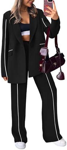 PRETTYGARDEN Women's Fall Spring 2 Piece Blazer Outfits Business Casual Oversized Jacket Wide Leg Work Pants Dressy Suit Set, S