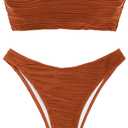 ZAFUL Women Strapless Textured Bandeau Bikini 2 Piece Swimwear Cheeky Solid Lace up Bathing Suits (Brown, M)
