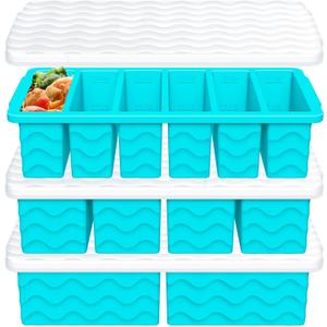 3-Pack Silicone Freezer Trays with Lid,2 Large 2-Cup(500ml)&4 Medium 1-Cup(125ml)&6 Small 1/2-Cup(75ml) Soup Freezer Container Molds,Ice Cube Tray For Meal Prep&Freezing Soup,Stews,Sauces (Lake blue)