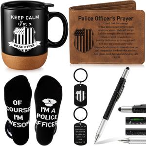 5 Pcs Police Gifts for Men Police Academy Graduation Gifts Set Include Sock and Ceramic Mug Leather Wallet 6 in 1 Multi Tool Pen Keychain Dad Present from Son Daughter Husband Present