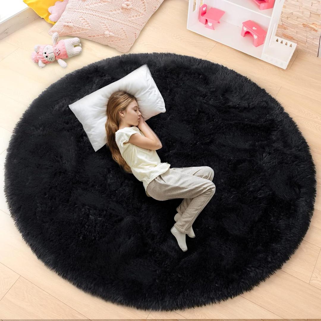 junovo Round Rug 5x5 Feet Fluffy Soft Area Rugs for Kids Girls Room Princess Castle Plush Shaggy Carpet Cute Circle Nursery Rug for Kids Girls Bedroom Baby Room Home Decor Circular Carpet, Black
