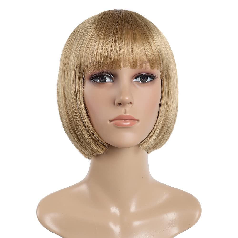 SYXLCYGG Bob Wig Short Blonde Wigs Flame Retardant 10" Straight Womens Synthetic Hair Wig With Bangs Girl Cosplay Party White Women Daily(Free Wig Cap)