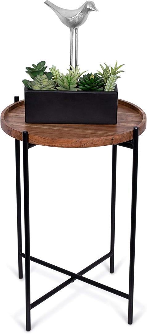 BIRDROCK HOME Folding Side Table with Removable Wood Tray - Modern Accent, Foldable End Table for Living Room, Bedroom - Portable Serving Tray for Decoration, Coffee, Drinks & Food - Natural Acacia, 16 x 16 x 22