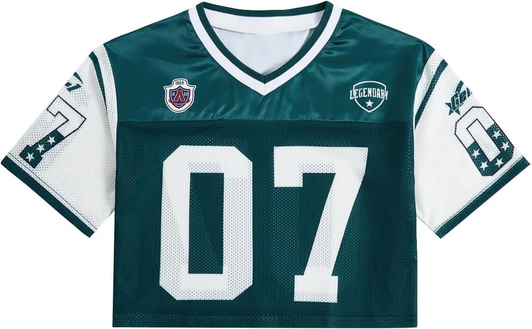 RoseSeek Girl's Jersey Shirts Number Graphic Tees Half Sleeve Hip Hop Y2k Crop Tops Football Jersey Mix Green 11Y