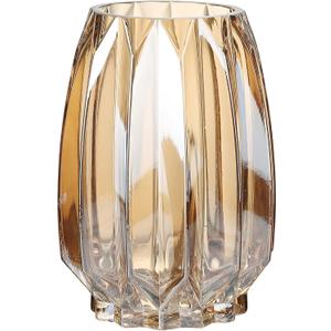 Glass Vase - Modern Ribbed Glass Vase for Flowers, Candles, and Decorative Accents -Black Grey, Amber, Clear and Colored Tall/Short Glass Vase for Centerpieces Home Table Decor (Amber, H-7.87inch)