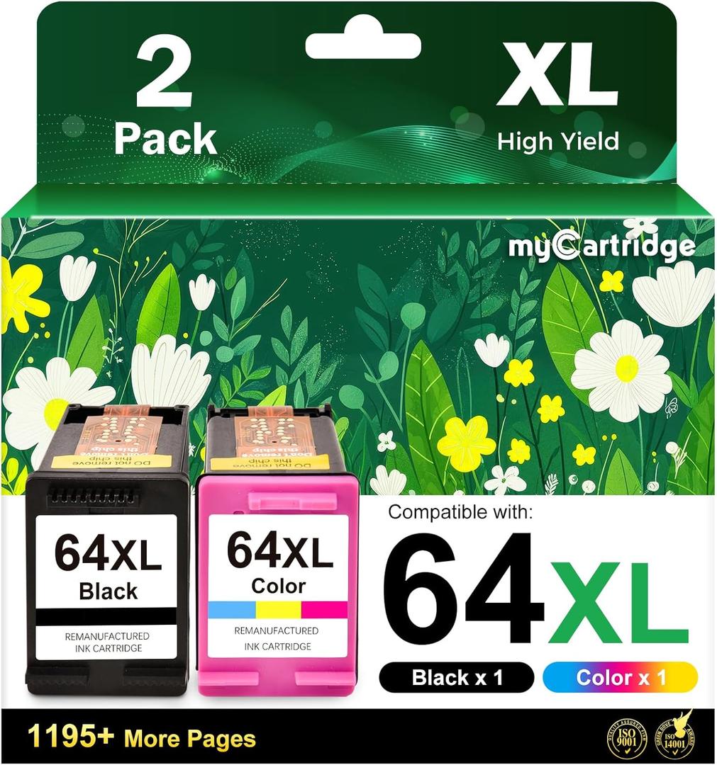 myCartridge Ink 64 Black and Color Ink Cartridge Replacement for HP 64XL Ink Cartridge Combo Pack Compatible with HP Envy Photo 7855 7858 7155 7158 7900 7800 6255 6258 Tango X Terra,2-Pack