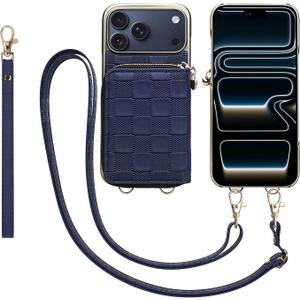Keallce for iPhone 17 Pro Max 6.9'' Wallet Case, Crossbody Zipper Purse with 4 Card Slots RFID Blocking, Lanyards & Wrist Straps, Flip Leather Folio Cover with Kickstand for iPhone 17ProMax, Navyblue