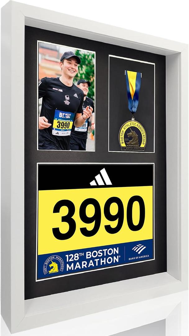 3-in-1 Shadow Box Display with Real Glass (Medal, Race Bibs, and Photo Display) Marathon Medal Display and Frame, Triathlon & Running Bib Holder, Wall-Mounted, Real Tempered Glass- White