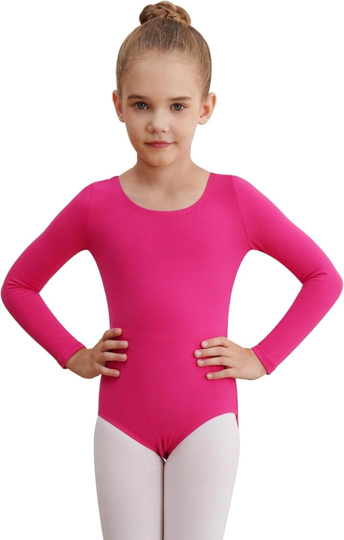 WEGETIT Leotards for Girls Long Sleeve Bodysuit Toddler Black Leotard Ballet Unitard Gymnastics Kids Dance Shirt (4-6 Years, Hot Pink)