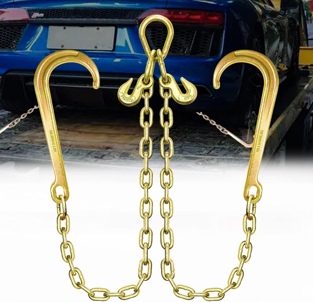 Grade 80 Chain V-Bridle | 3/8In x 2Ft Towing Chains Bridle with J Hooks and Grab Hooks | Transport Chain with 7,100LBS Safe Working Load | for Flatbed Truck Rollback Wrecker Carrier