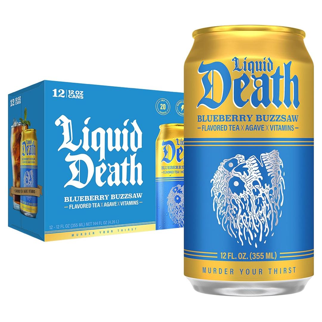 Liquid Death Iced Tea - Blueberry Buzzsaw (Blueberry-Flavored Black Tea), Less Sugar*, Boost of Caffeine, B Vitamins, No Artificial Sweeteners, 12 Fl Oz (Pack of 12)