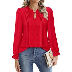 Timeson Women's Business Casual Tops Long Sleeve Work Blouses Chiffon Office Shirts (X-Large, Red)