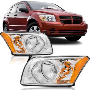 Headlights Assembly For 2007 2008 2009 2010 2011 2012 Dodge Caliber Hatchback SE SXT R/T Halogen Headlamp,Chrome Housing Amber Reflector