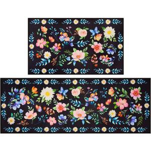WERNNSAI Spring Kitchen Decor Rugs Set- 2 Piece Kitchen Mats Non-Slip Kitchen Backing Area Rugs Sweet Home Doormat Washable Waterproof Standing Mat for Indoor Outdoor Entry Floor (Black A)