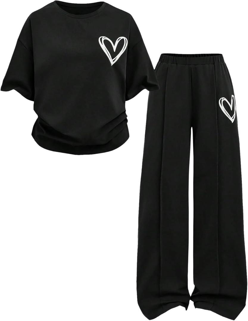 SOLY HUX Girl's Sweatsuit Short Sleeve T Shirts and Sweatpants Streetwear Summer Clothes 2 Piece, 8Y