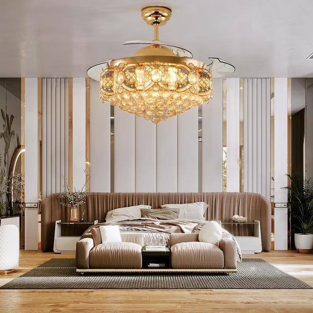 KPIBEST 42 Inch Crystal Chandeliers for Dining Room Ceiling Modern Gold,with Lights and Remote Control 3 Speed,3 Lights Level Silent Invisible Fans