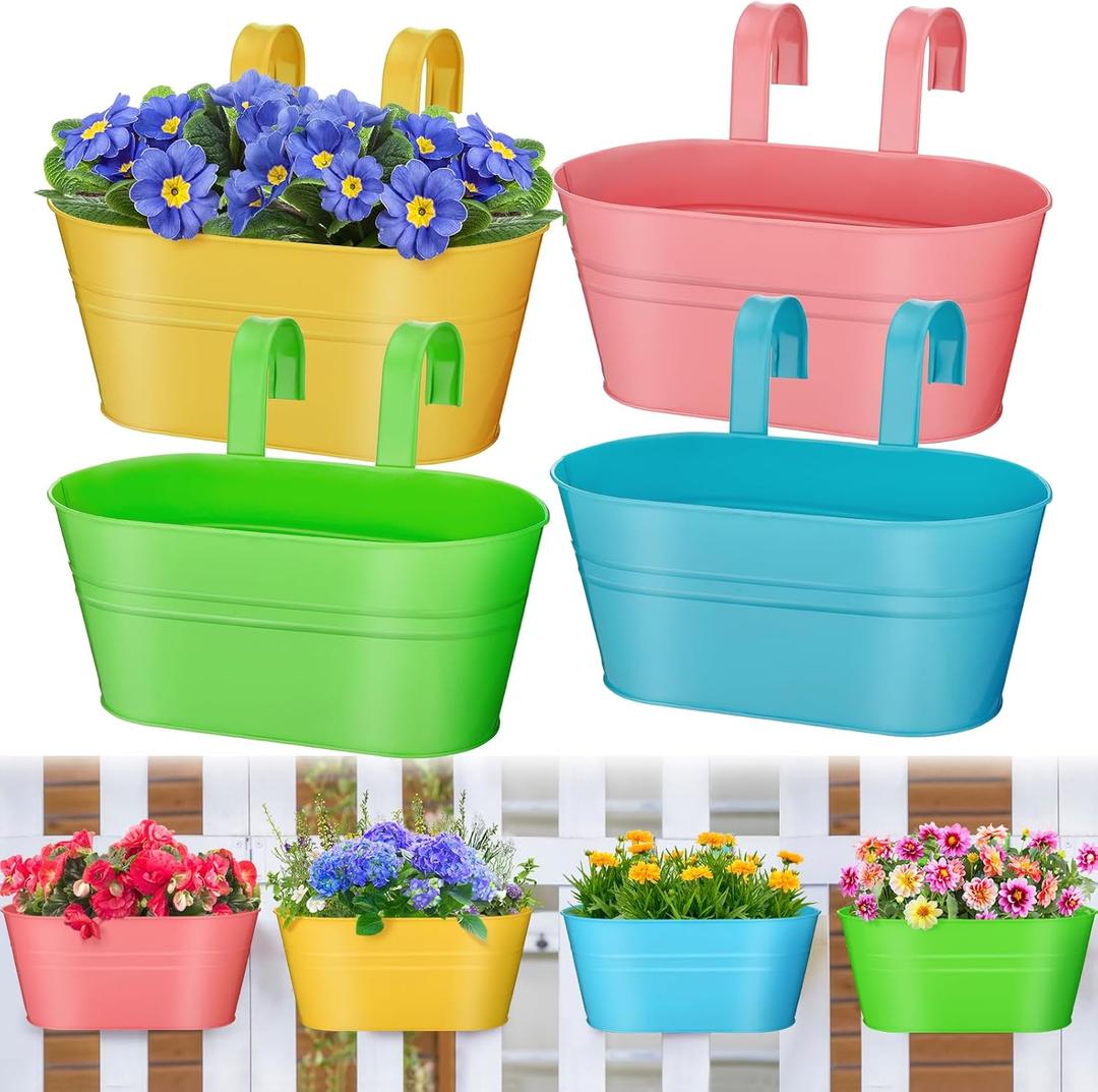 MADHOLLY Railing Planter with Drainage Holes- Sturdy Bucket Pots for Railing Fence, Countryside Style Metal Flower Pots for Herbs Balcony Garden Yard Decor, Pack of 4, Colorful
