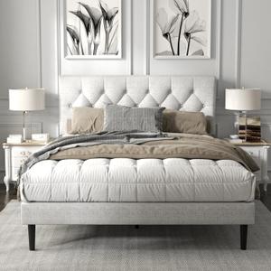 Queen Size Platform Bed Frame with Upholstered Button Tufted Headboard, Mattress Foundation with Wooden Slat Support, Noise Free, No Box Spring Needed, Easy Assembly, Light Grey