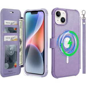 VANAVAGY Compatible for iPhone 14/13 Wallet Case for Magsafe Wireless Charging, PU Leather Flip Folio Phone Cover with Wrist Strap RFID Blocking Card Holder Screen Protector,Clove Purple