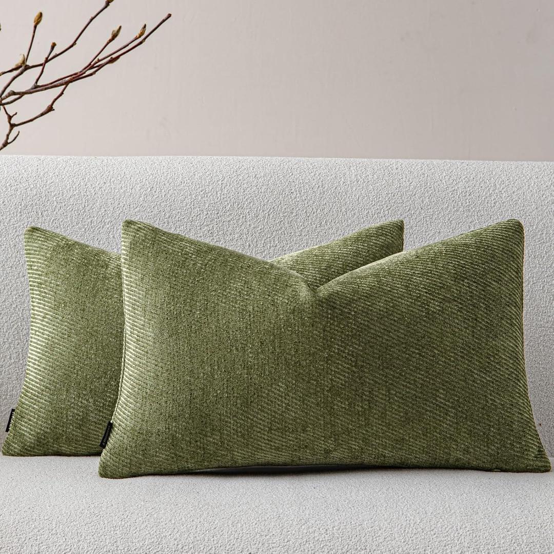 A Moment Pack of 2 Decorative Chenille Throw Pillow Covers with Twill Cushion Covers for Sofa Living Room Couch Bed 12x20 Inch Moss Green