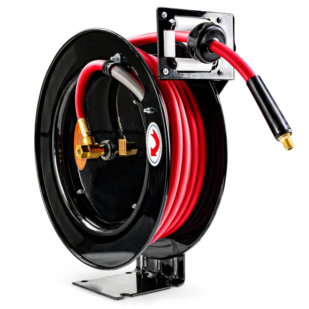 ReelWorks Air Hose Reel 3/8" Inch x 50' Foot SBR Rubber Hose, 1/4" MNPT, Max 300PSI, Commercial Steel Construction ReelWorks Air Hose Reel 3/8" Inch x 50' Foot SBR Rubber Hose, 1/4" MNPT, Max 300PSI, Commercial Steel Construction